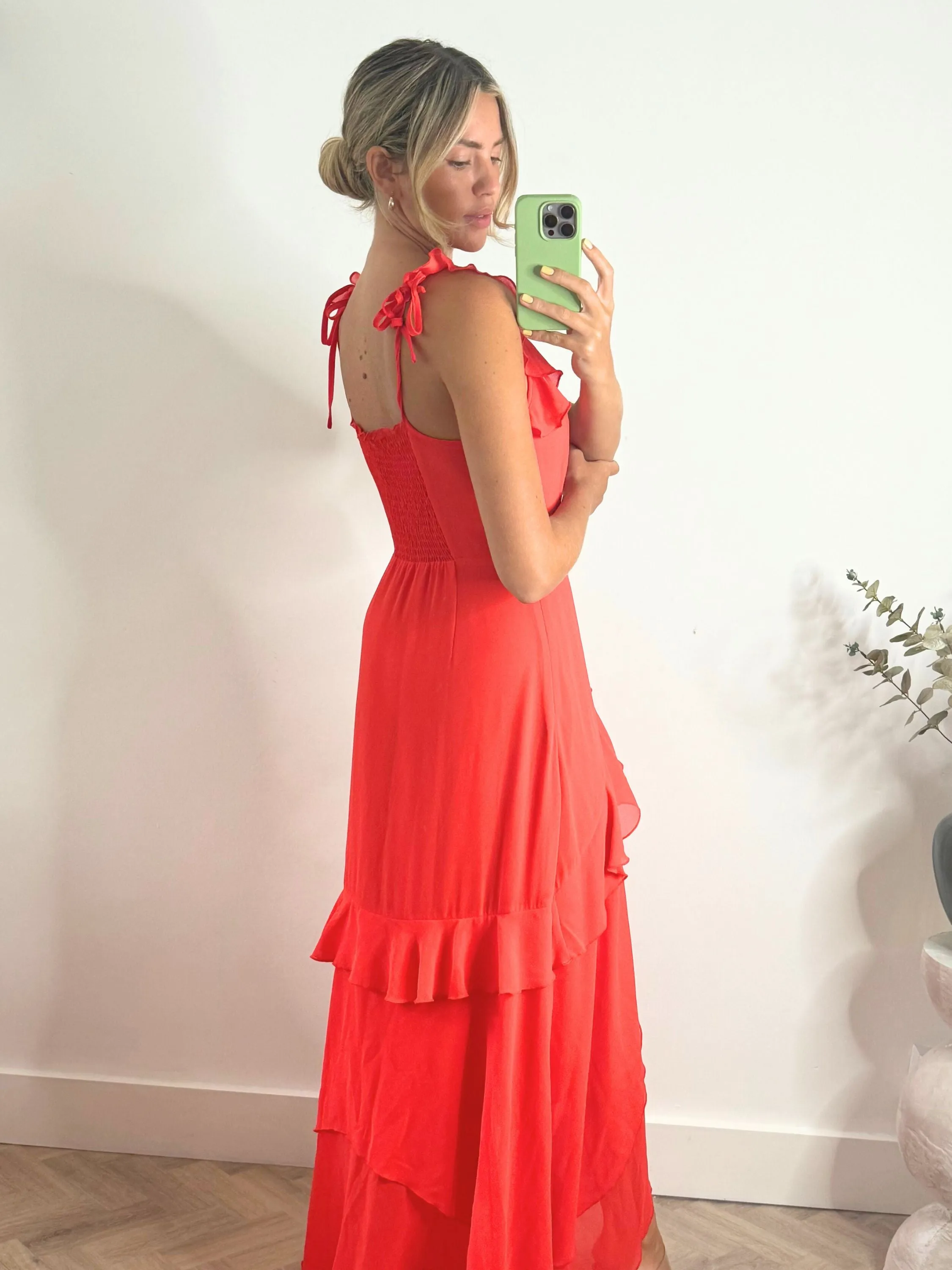 Bella Ruffle Detail Maxi Dress in Red