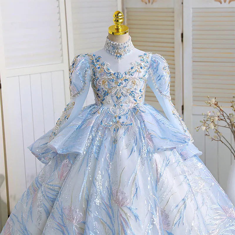 Birthday party dress girls sequined long sleeve princess dress wedding flower girl dress