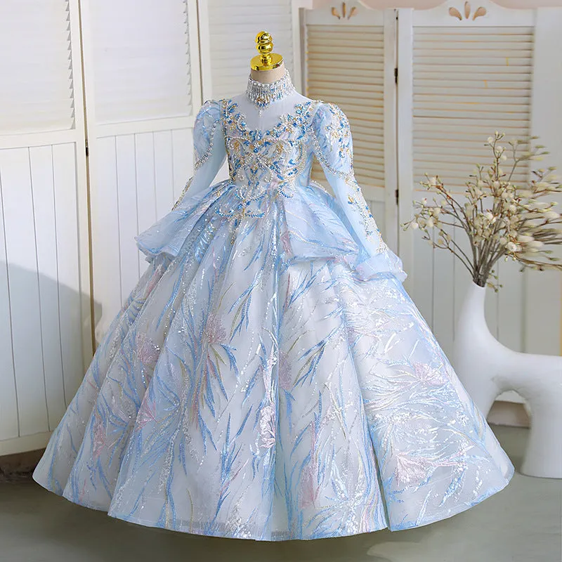 Birthday party dress girls sequined long sleeve princess dress wedding flower girl dress
