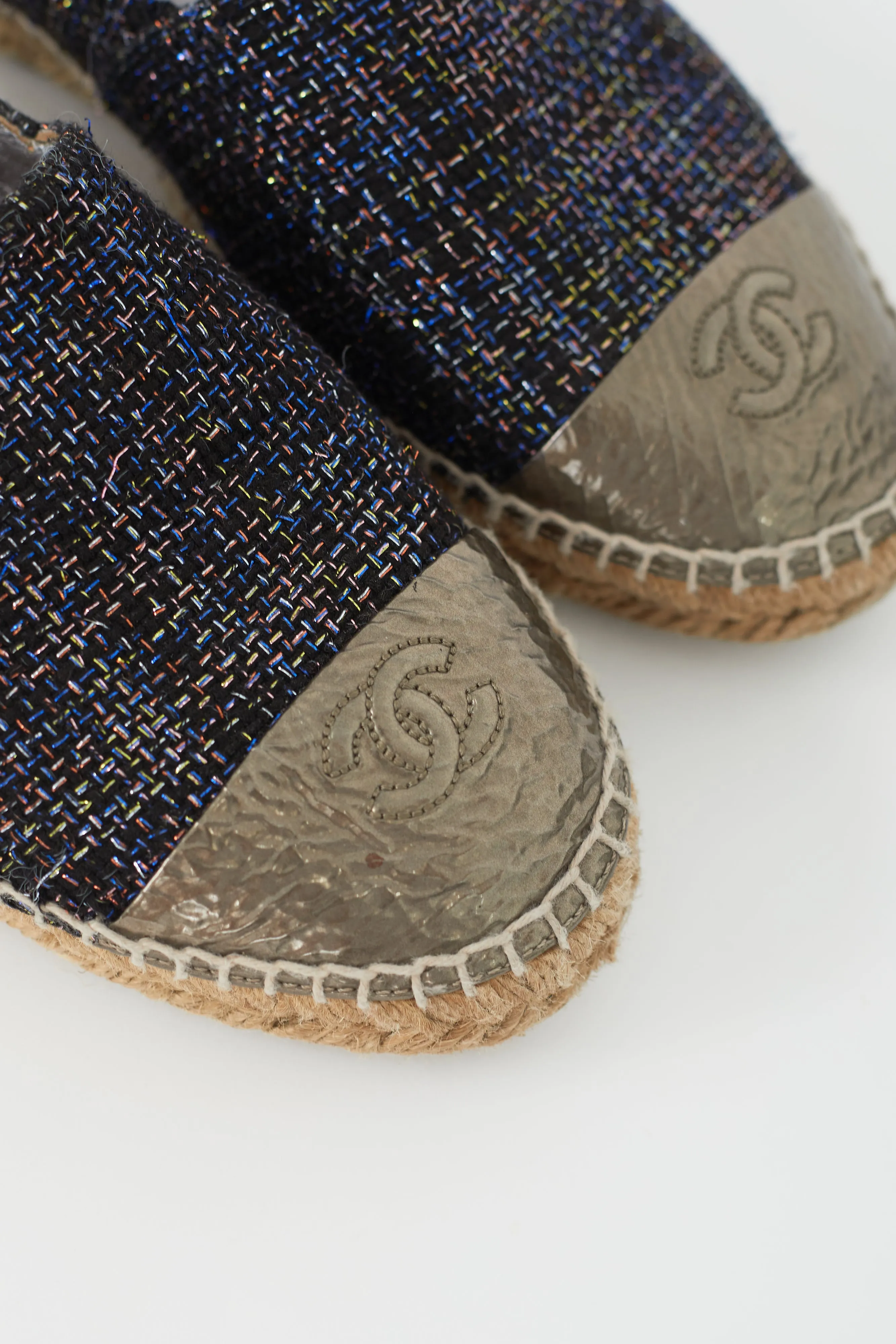 Blue & Multicolour Tweed Logo Espadrille Flat
