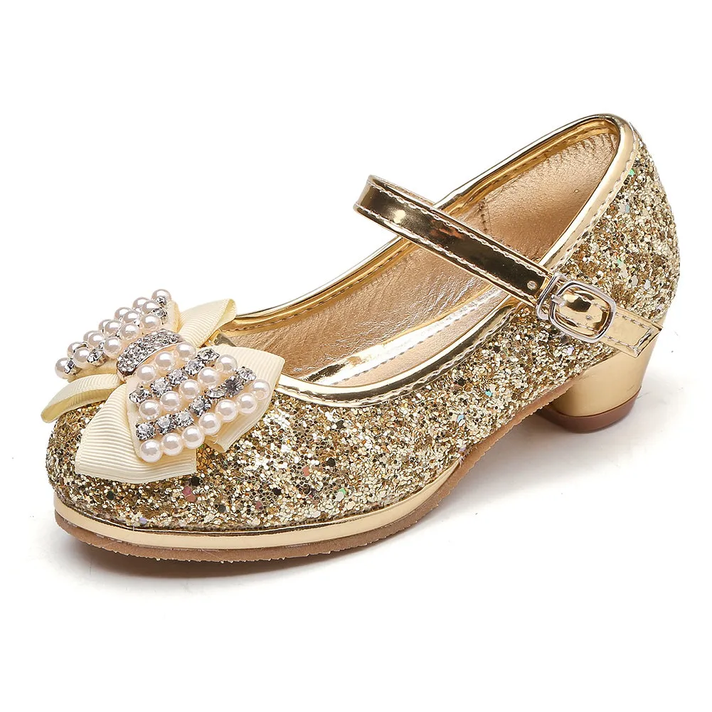 Girl's Glitter Princess Shoes With Rinestone Pearl Bowknot(Toddler/Little Kid)