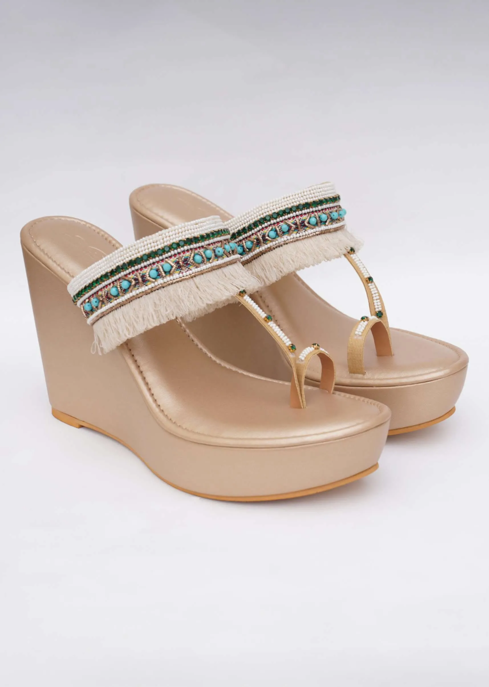 Hand Embroidered Gold Toned Fringe Wedges In Soft Faux Leather