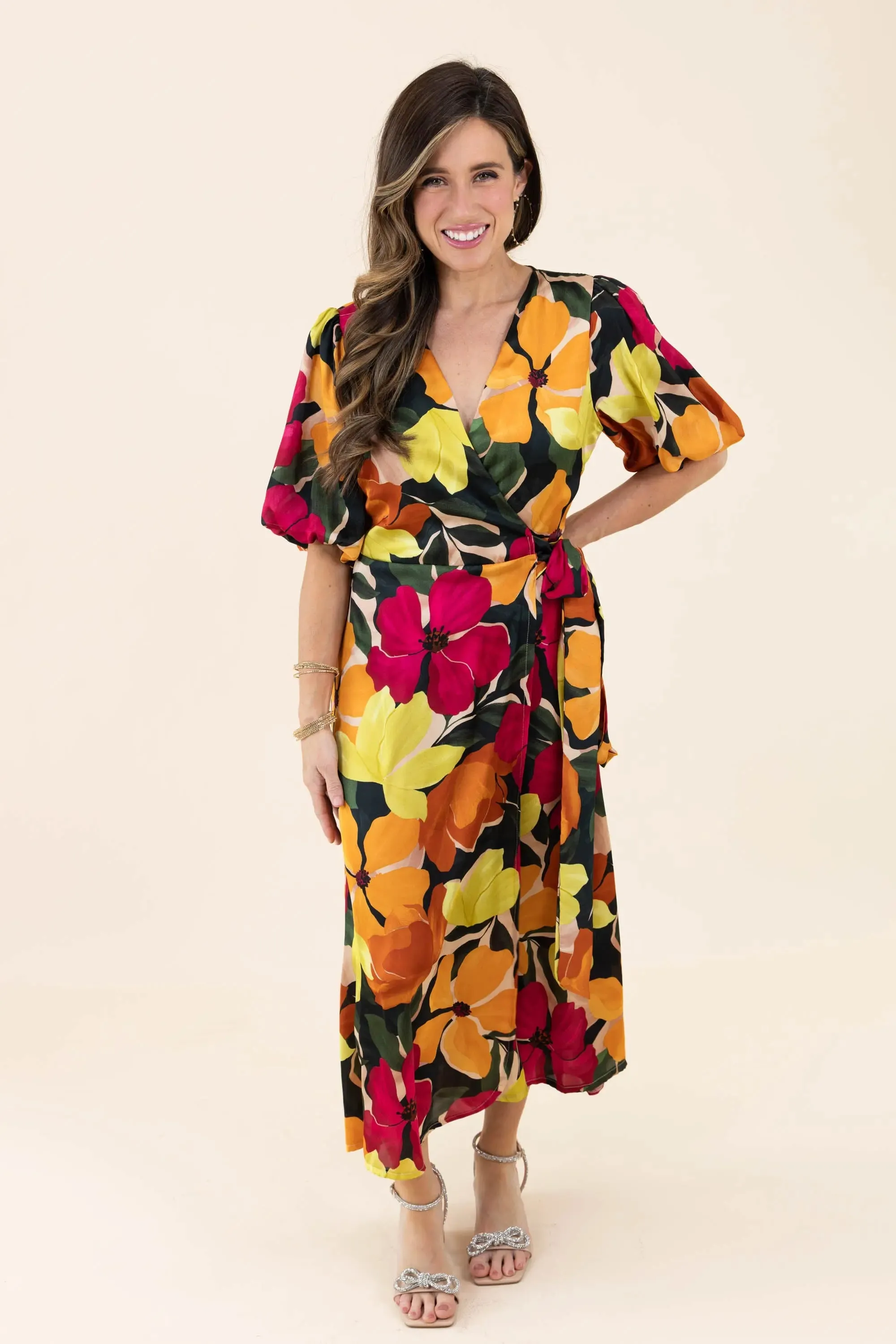 If You're Not the One Bubble Sleeve Midi Wrap Dress