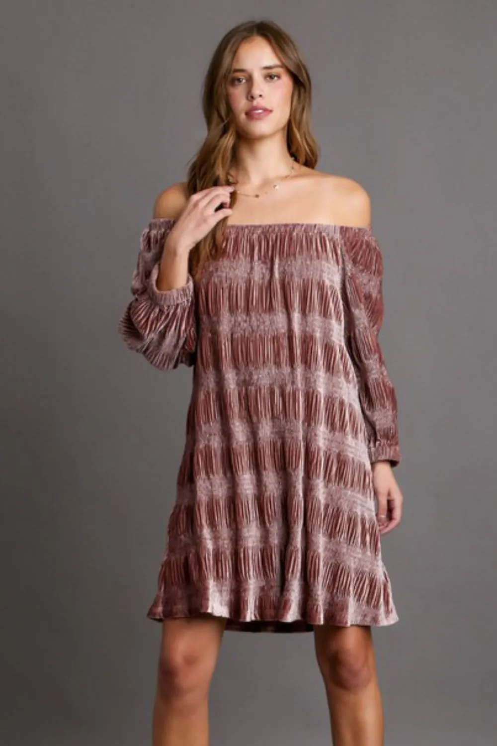 Pink Off-Shoulder Balloon Sleeve Velvet Mini Dress