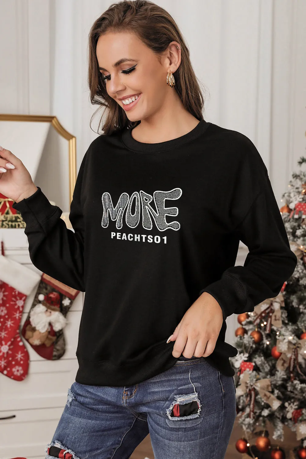 Rhinestone MORE PEACHTSO1 Pattern Sweatshirt