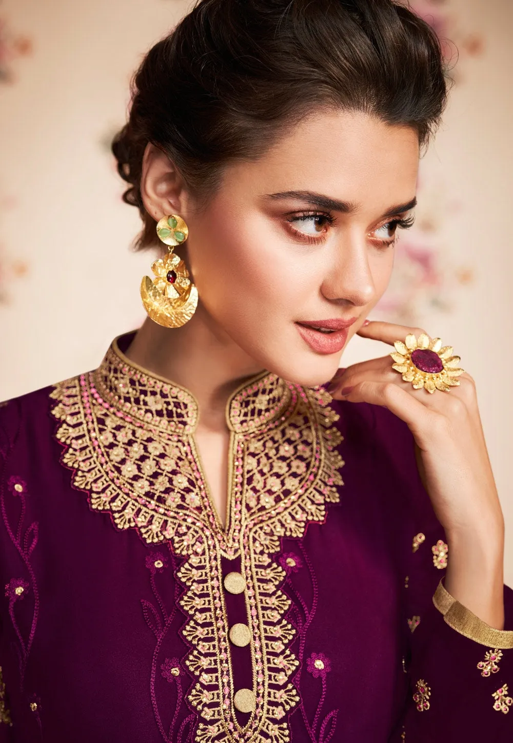 Wine Purple Embroidered Gharara Suit